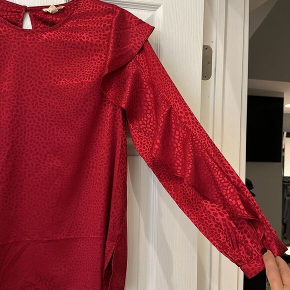 Red leopard silky blouse. Ruffle sleeves. Gorgeous! Size small runs bigger - Picture 2 of 12